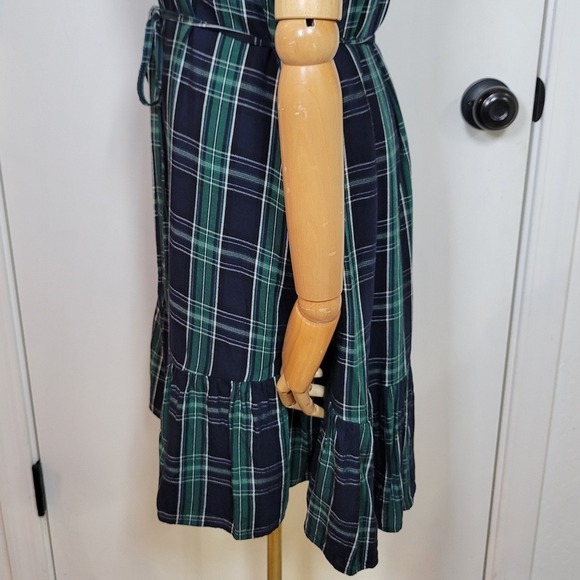 LOFT Green Plaid Tie Waist Dress Size 8 Preppy Chic Midi Ruffle Hem - Picture 7 of 11